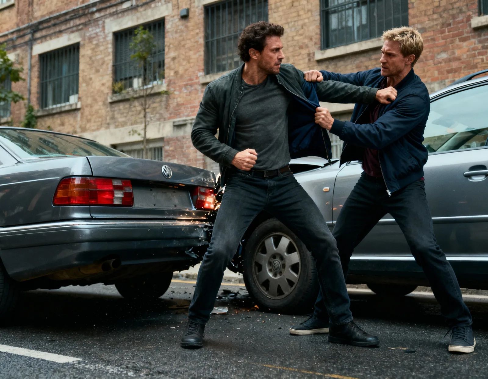 Two men demonstrating close quarters self-defence techniques beside parked cars.